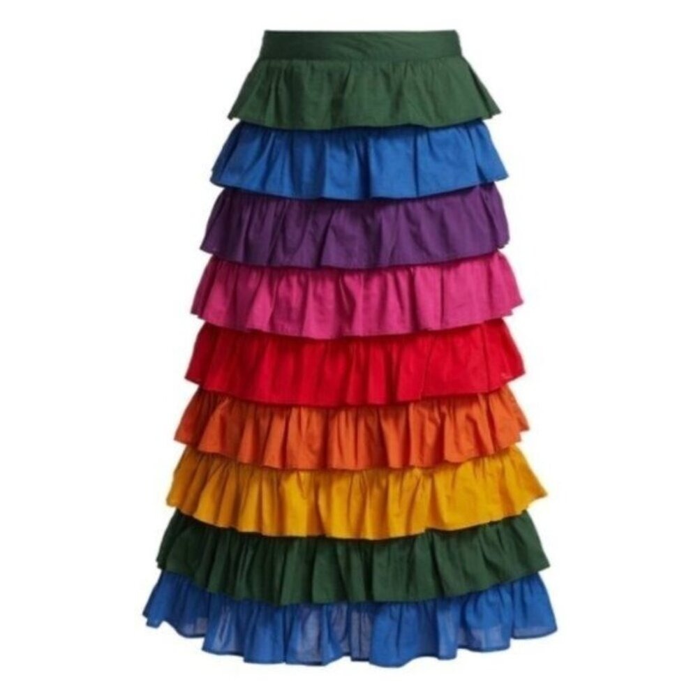 Farm‎ Rio Rainbow Tiered Ruffle Midi Skirt Multi Color Cotton | Size XS